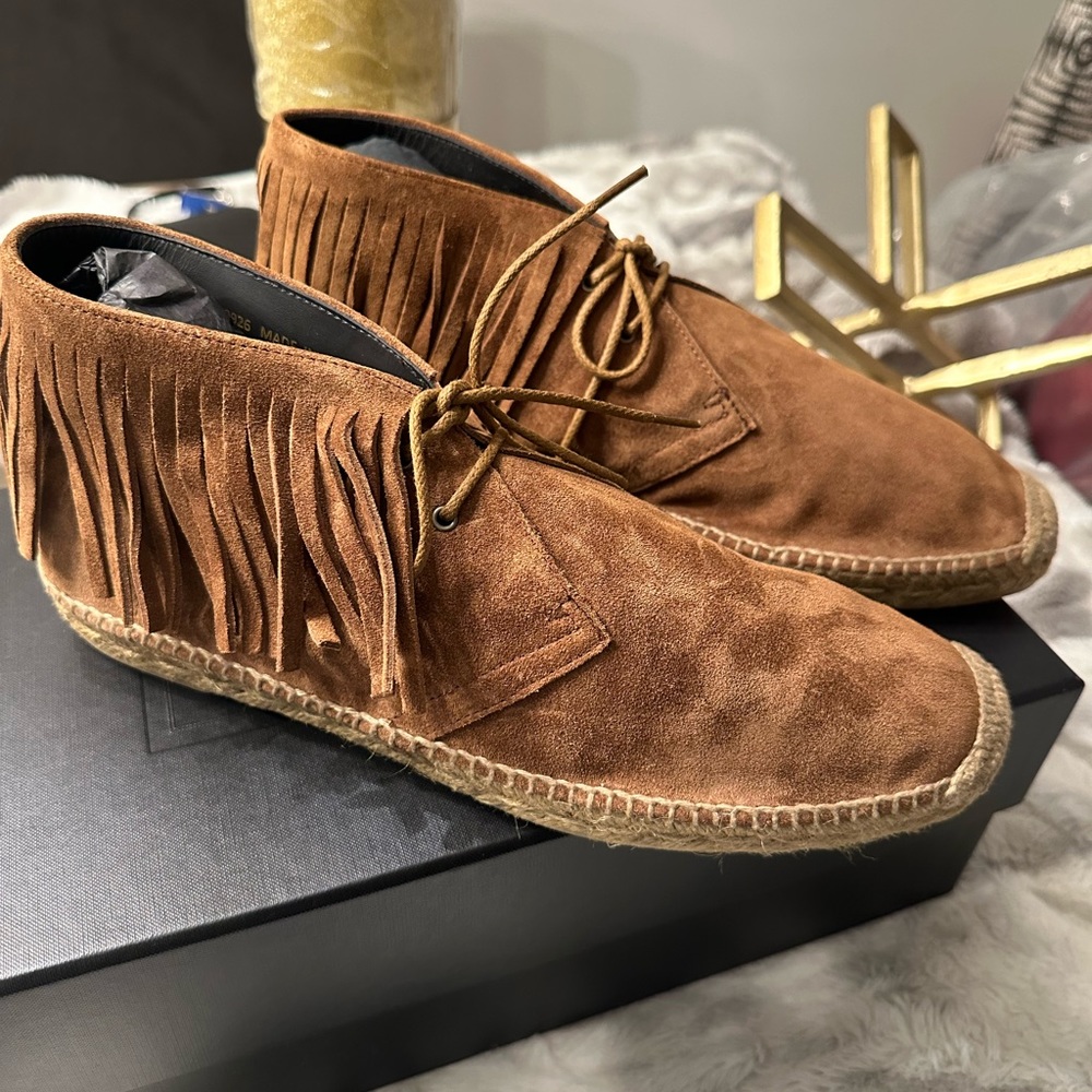 SAINT LAURENT Womens Brown Fringed Florence Round Platform Leather Moccasins 44